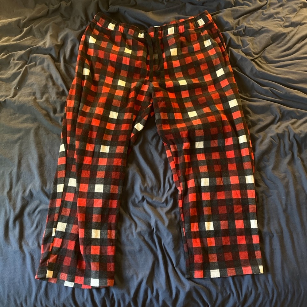 Plaid Men's Fleece Sleepwear Pants - Black, Red, and White